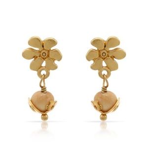 Yellow Goldtone Metal Flower/ Beige Stone Earrings
